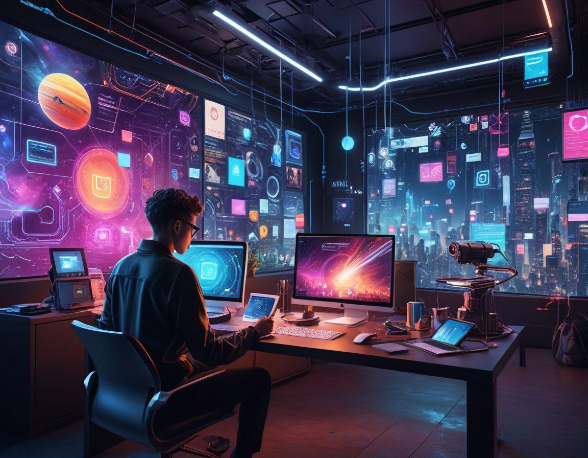 A futuristic digital landscape with a prominent blog interface displaying various articles and vibrant graphics, showcasing innovation and technology. Include diverse readers engaged with smart devices, surrounded by floating icons representing different digital platforms. Bright colors and a sleek, modern aesthetic to convey a sense of revolution in blogging. cyberpunk. vibrant colors. 3D.