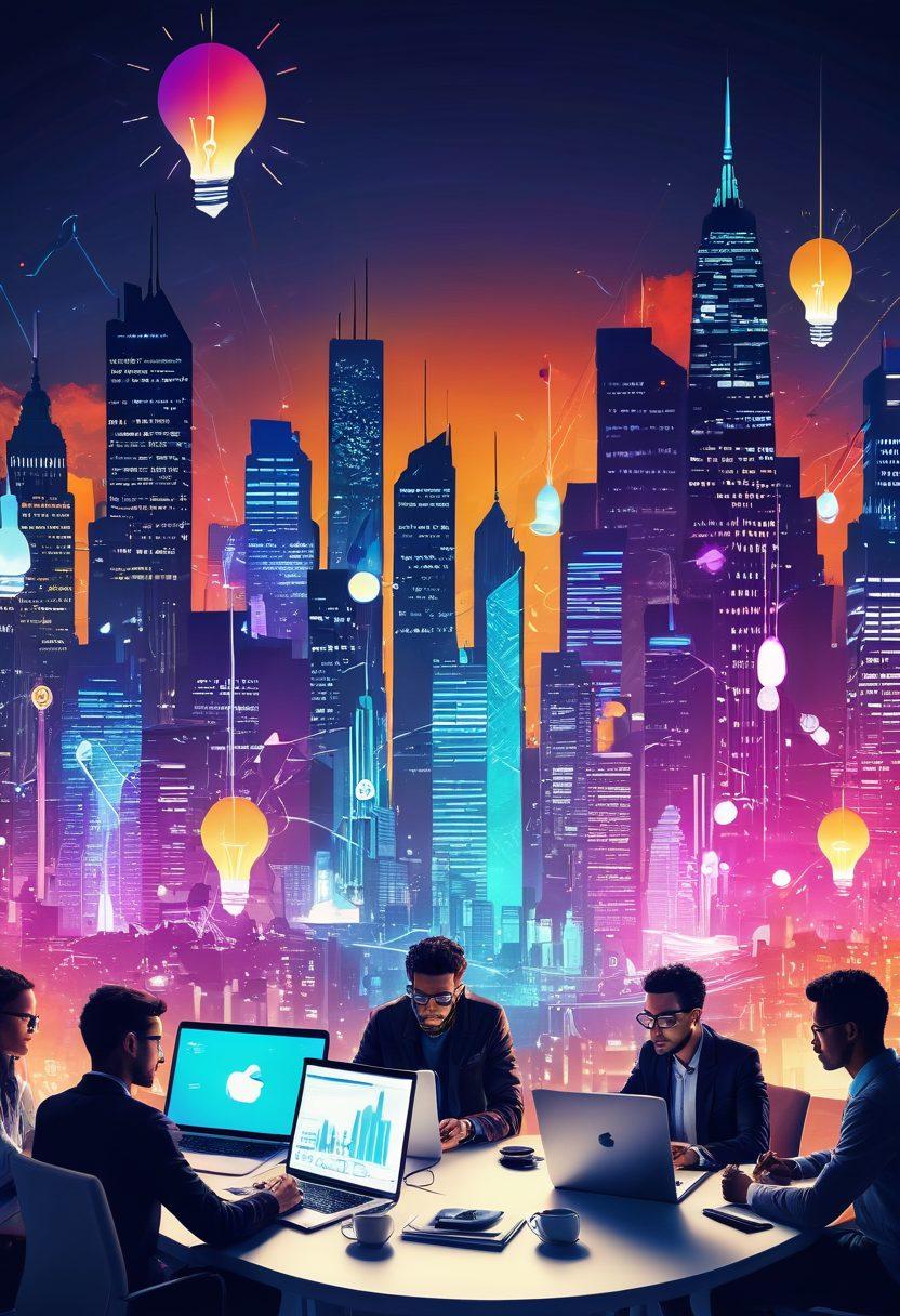 A dynamic and engaging scene of diverse individuals actively discussing content writing while surrounded by digital tools and devices. Iconic symbols of creativity like notebooks, laptops, and light bulbs are scattered around, highlighting innovation in writing. The background features a futuristic city skyline, symbolizing the digital age. Bright colors to evoke creativity and enthusiasm. super-realistic. vibrant colors. 3D.