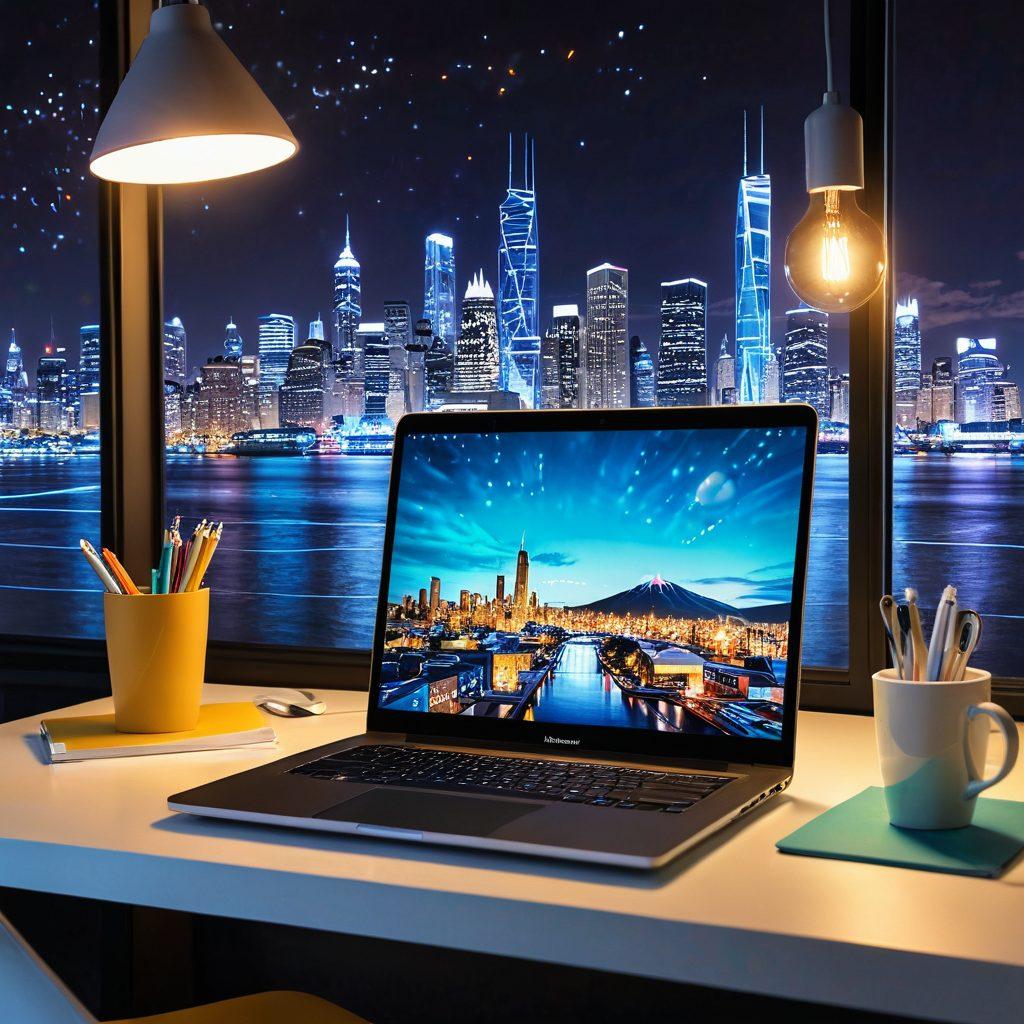A futuristic digital workspace featuring a glowing laptop with creative designs emerging from it, surrounded by colorful lightbulbs symbolizing innovative ideas. Include elements like a sleek coffee cup, notes scattered with vibrant sketches, and a background of a city skyline representing connectivity and inspiration. super-realistic. vibrant colors. 3D.